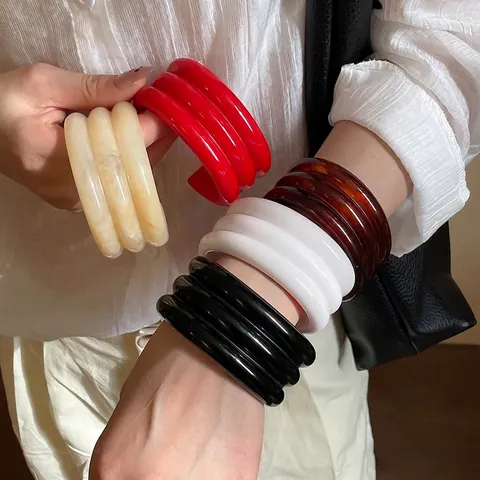 Multi Layer Ribbed Open Cuff Bracelet Resin Acrylic Geometric Minimalist Retro Fashion Jewelry For Women