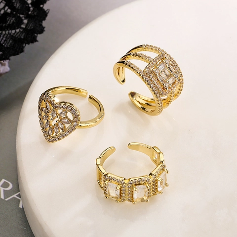 Geometrischer Herz Quadratischer Zirkonia Offener Verstellbarer Kupferring Vergoldet Minimalistischer Modeschmuck Damen