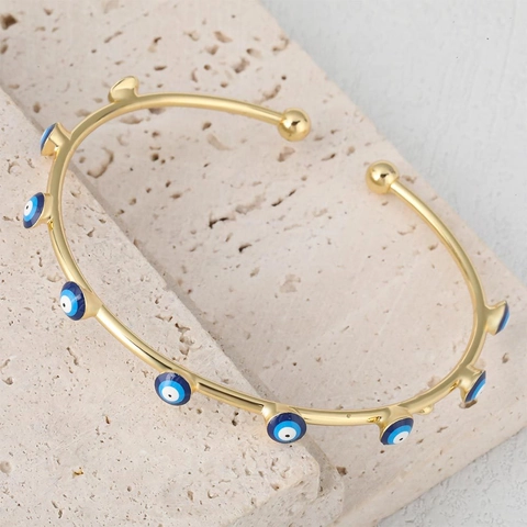 Bracelet Jonc Mauvais Oeil Cuivre Plaque Or Email Colore Reglable Manchette Ouverte Bijoux De Mode Pour Femmes