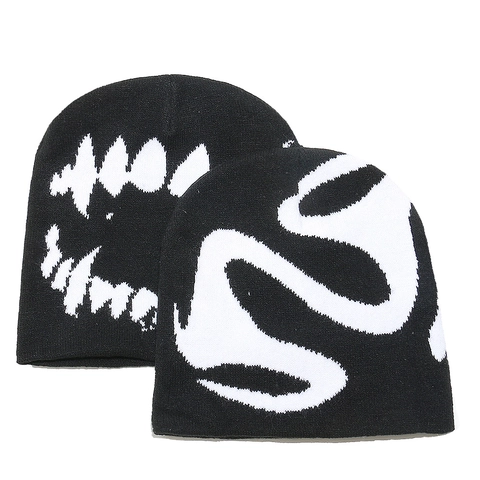 Berretto in Maglia Jacquard Divertente Streetwear Hip Hop Invernale Caldo in Acrilico per Uomo Donna Nero Bianco Grafica