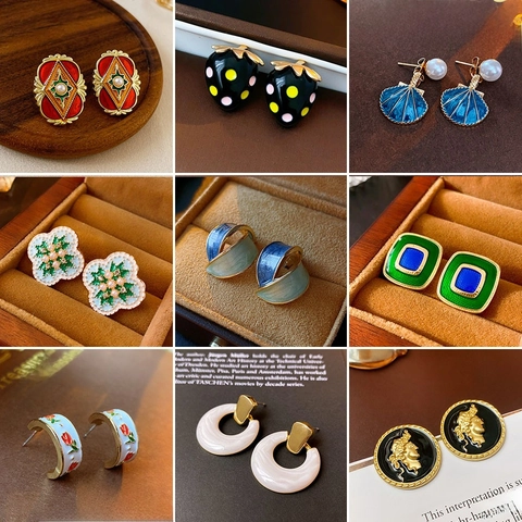 Vintage Legierung Emaille Blumen Ohrringe Mit Silbernem Ohrstecker Kunstperlen Französisch Geometrische Stecker Damen