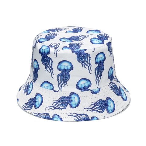 Reversible Bucket Hat Polyester Jellyfish Sea Turtle Print Sun Protection Outdoor Beach Fisherman Cap For Women Men