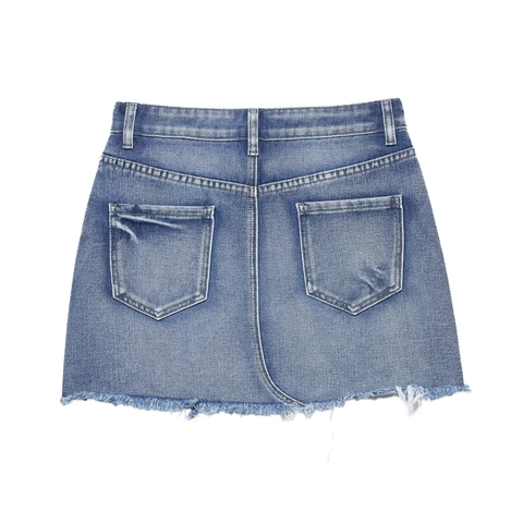 Distressed Ripped Denim Mini Skirt For Women High Waist Raw Hem Casual Woven Polyester Blue