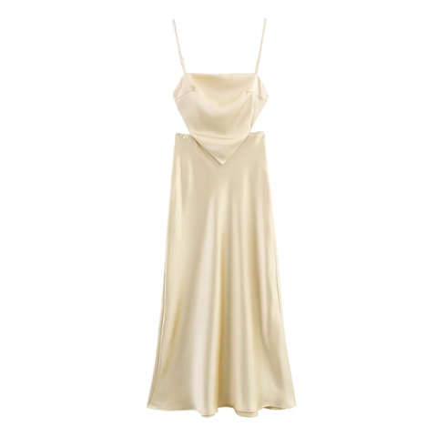 Elegant Satin Midi Dress Backless Cut Out Bow Back Spaghetti Straps Solid Champagne Cocktail Party Women