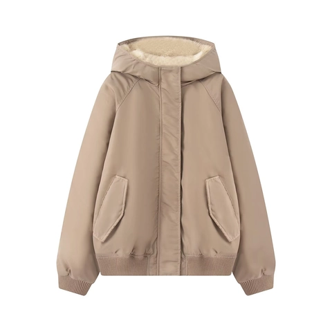 Veste Rembourrée Bomber à Capuche Surdimensionnée pour Femmes Hiver Chaud Doublé Polaire Manteau en Coton Coupe-Vent