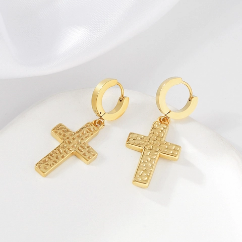 Hip Hop Stainless Steel Cross Drop Earrings For Men Women Gold Plated Hammered Texture Religious Fashion Jewelry Earrings