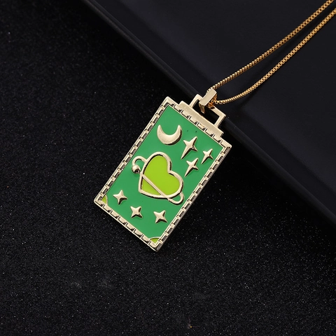Collana Con Ciondolo Carta Dei Tarocchi Rame Placcato Oro Smalto Celeste Sole Luna Stella Leone Gioielli Vintage