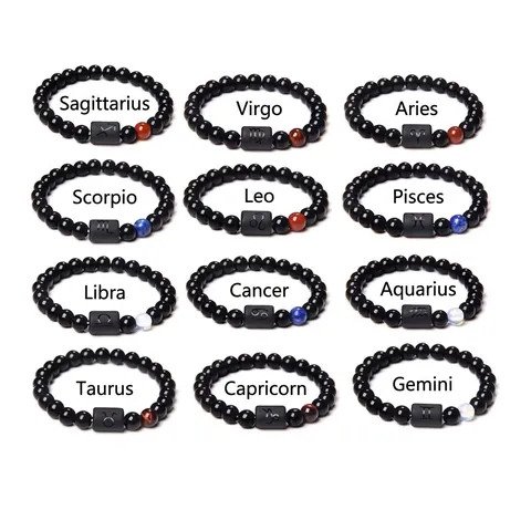 12 Zodiac Constellation Glass Beaded Bracelet For Men Women Elastic Natural Stone Look Tiger Eye Beads Healing Jewelry Gift