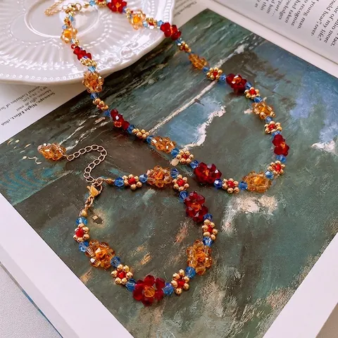 Vintage Handmade Flower Beaded Necklace Bracelet Earrings Jewelry Set Colorful Glass Crystal Beads For Women Retro Aesthetic