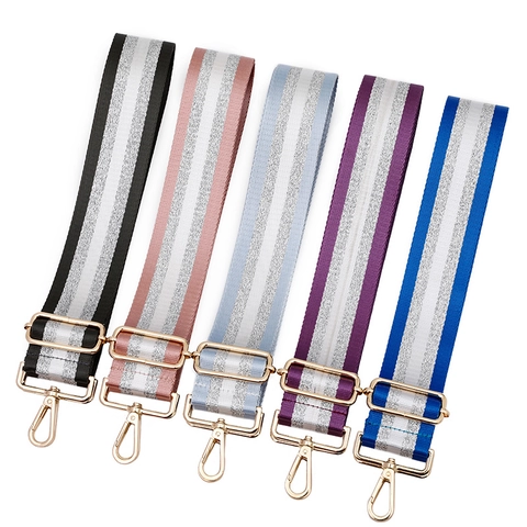 Adjustable Wide Shoulder Bag Strap Polyester Striped Webbing Sparkling Silver Glitter Replacement For Crossbody Handbags