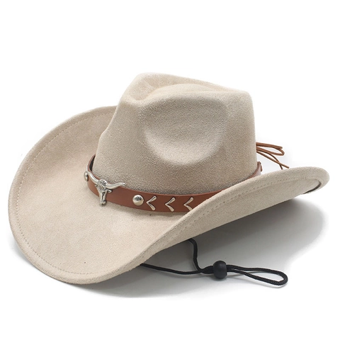 Western Cowboy Hat Faux Suede Wide Brim Retro Vintage Style With Bull Head Leather Belt And Adjustable Windproof Rope