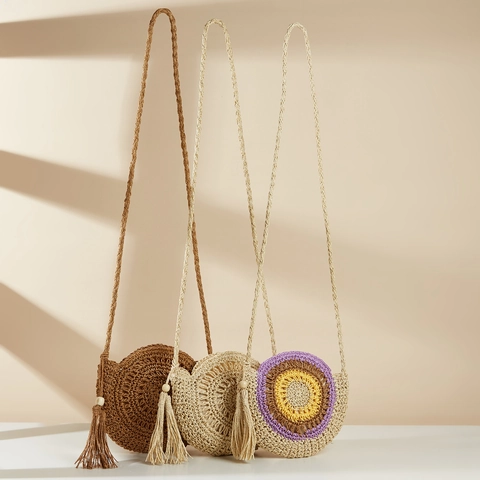Round Straw Woven Crossbody Bag With Tassel And Wood Beads Summer Beach Holiday Bohemian Style Pastoral Handwoven