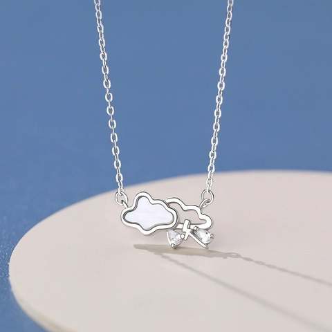 S999 Sterling Silver Cloud Lightning Raindrop Pendant Necklace With Shell Inlaid Elegant Fresh Fashion Jewelry For Women