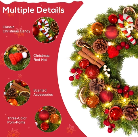 Corona De Navidad Con Luces LED Cálidas Agujas De Pino Artificiales Piñas Bayas Para Decoración De Puerta Y Pared