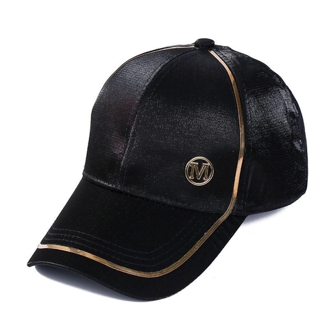 Satin Baseball Cap For Women With Metal M Logo And Gold Piping Fashion Sun Protection Breathable Casual Hat
