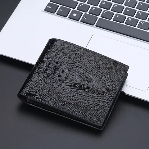 Men Bifold Wallet Retro Crocodile Pattern Embossed PU Leather Multi Card Slots Zipper Coin Pocket Casual Business Purse