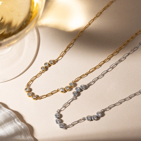 Fashion Stainless Steel Paperclip Chain Necklace For Women Gold Silver Plated Bezel Set Rhinestone Link Choker Jewelry