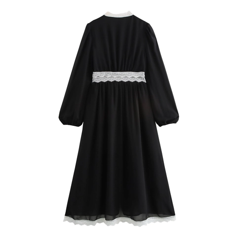 Maxi Dress Women Elegant Chiffon Lace Patchwork V Neck Long Puff Sleeve High Waist Artificial Pearl Button French Style Black