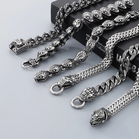Snake Head Bracelet Stainless Steel Rhinestone Dragon Scale Chain Hip Hop Punk Vintage Gothic Jewelry For Men