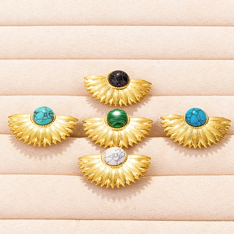 Retro Stainless Steel Open Ring Geometric Sunburst Inlaid Artificial Stone Gold Silver Adjustable Finger Ring For Women Men Jewelry