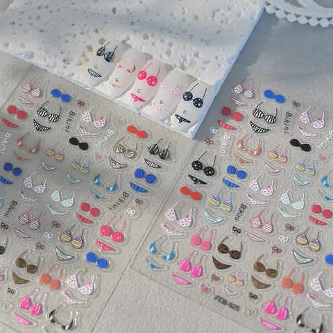 5D Relief Embossed Nail Art Stickers Bikini Lace Underwear Design Summer Vacation Sexy Thin Waterproof Manicure Decals Women