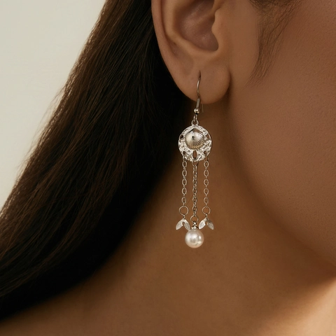 Western Style Stainless Steel Artificial Pearl Tassel Drop Earrings For Women Shell Design Handmade Fashion Jewelry Gift
