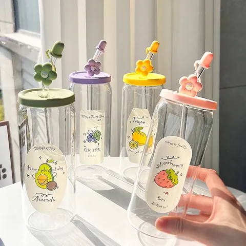 Kawaii Fruit Pattern Borosilicate Glass Tumbler With Silicone Lid And Straw Flower Dust Cap Portable Drinkware