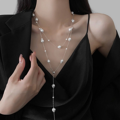 Collar Largo De Perlas Barrocas Artificiales Irregulares Aleación Cadena Plateada Capas Múltiples Jersey Retro Elegante Joyería Mujer