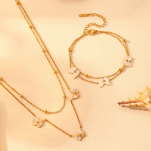 Butterfly Double Layer Necklace And Bracelet Stainless Steel Shell Charms Elegant Jewelry For Women Gold Tone