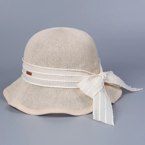 Women's Knitted Bucket Hat Cotton Polyester Breathable Sunshade Foldable Wide Brim Bow Ribbon Summer Vacation Cap