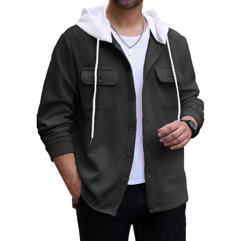 Veste Homme À Capuche Tricot Gaufre Cardigan Texturé Boutonné Manches Longues Sweat Casual Color Block Avec Poches