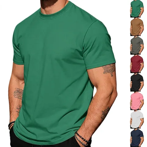 Mens T-Shirt 100% Cotton Solid Color Round Neck Casual Slim Fit Short Sleeve Summer Top