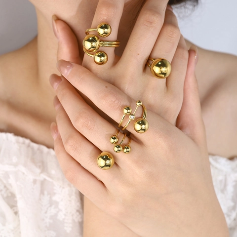 Edelstahl Kugel Offene Ringe 18K Vergoldet Geometrisch Verstellbar Minimalistisch Ins Stil Für Frauen