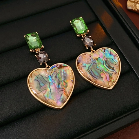 Pendientes Colgantes De Corazón Vintage Con Pasador De Plata Estrás Verde Esmeralda Joyas De Concha Irisada Para Mujeres