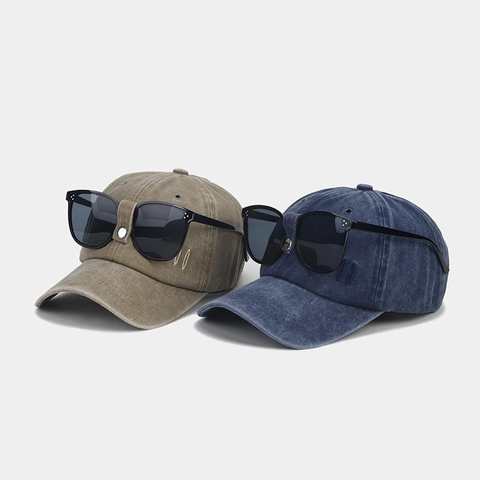Vintage Pilot Style Washed Cotton Baseball Cap With Integrated Sunglasses Adjustable Streetwear Hip Hop Hat For Men Women