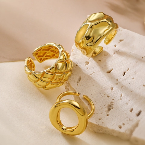 Verstelbare Open Ringen Voor Vrouwen Onregelmatige Gesmolten Textuur Gewatteerd Geometrisch Verguld Koper Minimalistische Sieraden