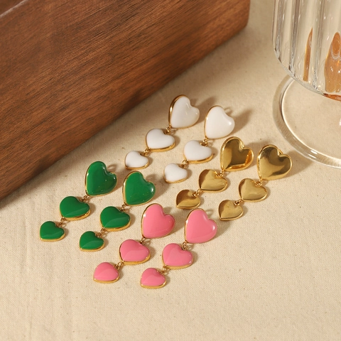 Vintage French Heart Drop Earrings Stainless Steel 18K Gold Plated Triple Enamel Dangle For Women Niche Design Jewelry