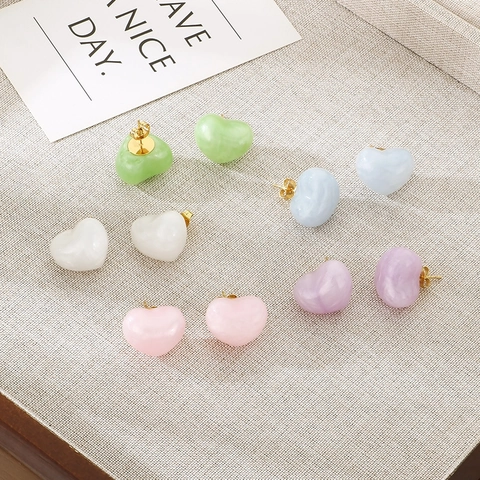 Heart Stud Earrings 18K Gold Plated Stainless Steel Marble Texture Natural Stone Sweet Elegant Jewelry For Women
