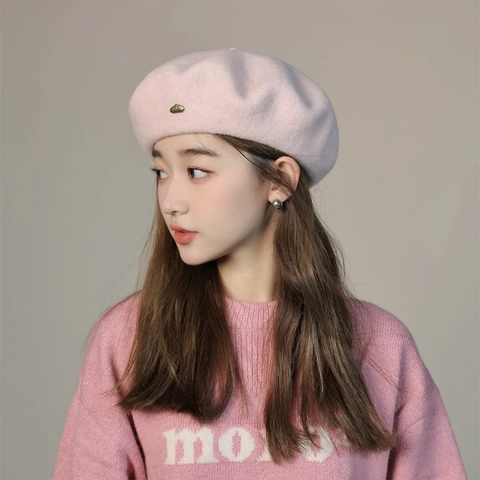 Boina de Lana para Mujer Estilo Artista Vintage Sombrero Francés Con Etiqueta Metálica Color Sólido Cálido Invierno Otoño