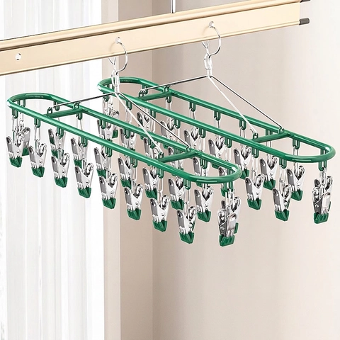 Socks Drying Rack Stainless Steel Multi Clip Windproof Laundry Hanger For Underwear Space Saving Household Essentials