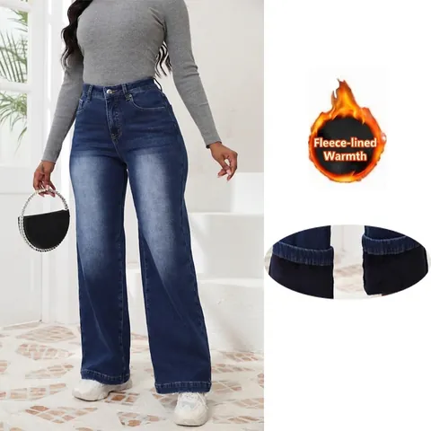 Women High Waist Wide Leg Jeans Warm Fleece Lined Denim Pants Distressed Straight High Stretch Vintage Casual