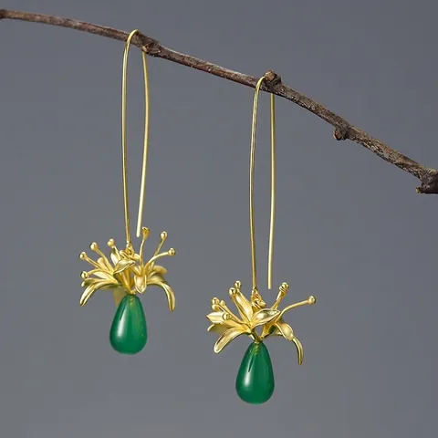 Lycoris Radiata Dangle Earrings Handmade 925 Sterling Silver 18K Gold Plated Green Chalcedony Floral Vintage For Women