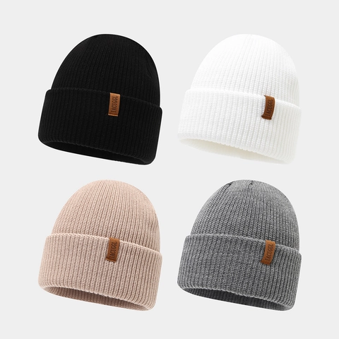 Bonnet En Tricot Côtes Acrylique Avec Pièce En Cuir Chaud Hiver Pour Hommes Femmes Extérieur Casual