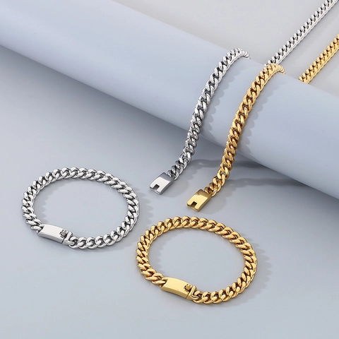 Conjunto De Joyas De Cadena Cubana Hip Hop Para Hombre Acero Inoxidable 304 Collar Y Pulsera Estilo Punk