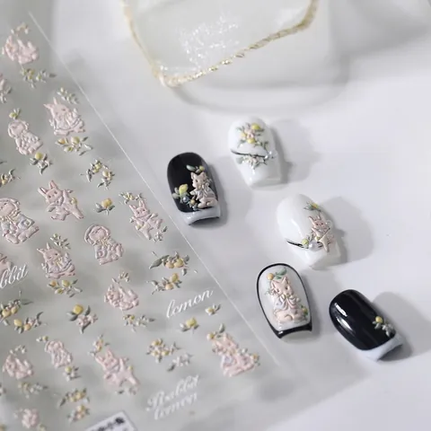 Pegatinas Para Uñas Relieve 5D Diseño Conejo Lindo Limón Flores Autoadhesivas DIY Manicura Arte Para Mujeres