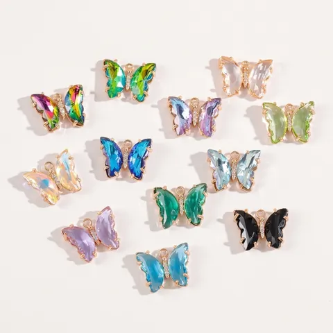 Butterfly Pendants Gradient Crystal Glass Brass Jewelry Making Charms Gold Plated Zirconia Animal Tiny DIY Accessories