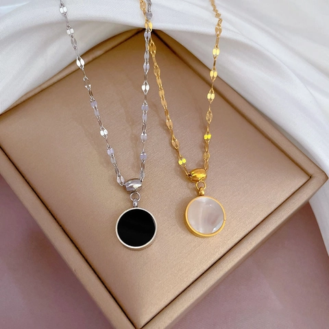 Collar Con Colgante Redondo De Concha De Doble Cara Acero De Titanio Chapado En Oro Real Cadena De Clavícula Para Mujer