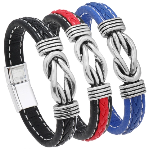 Men Woven Leather Bracelet With Alloy Infinity Knot And Magnetic Clasp Fashion Casual Jewelry