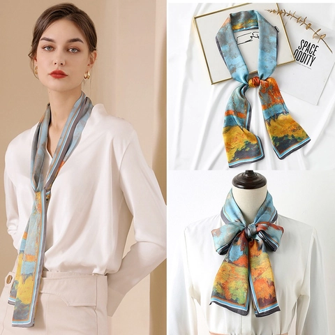 Women Skinny Scarf Satin Like Neck Tie Handbag Ribbon Headband Fashion Impressionist Print Twilly Neckwear