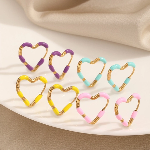 Urlaubsstil Bunte Emaille Herz Hoop Ohrringe Titanstahl Gold Vergoldet Minimalistische Süße Liebe Herz Ohrringe Schmuck
